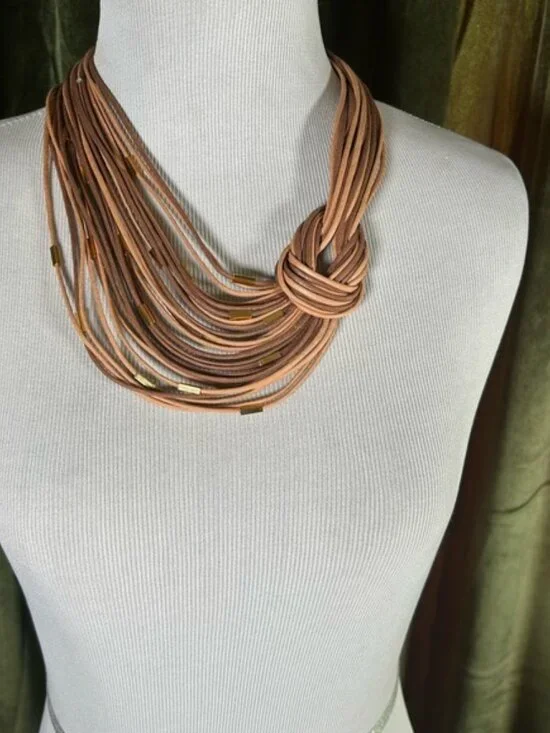 Multi-Strand Tan Knot Statement Necklace with Gold Accents - Picture 2 of 4